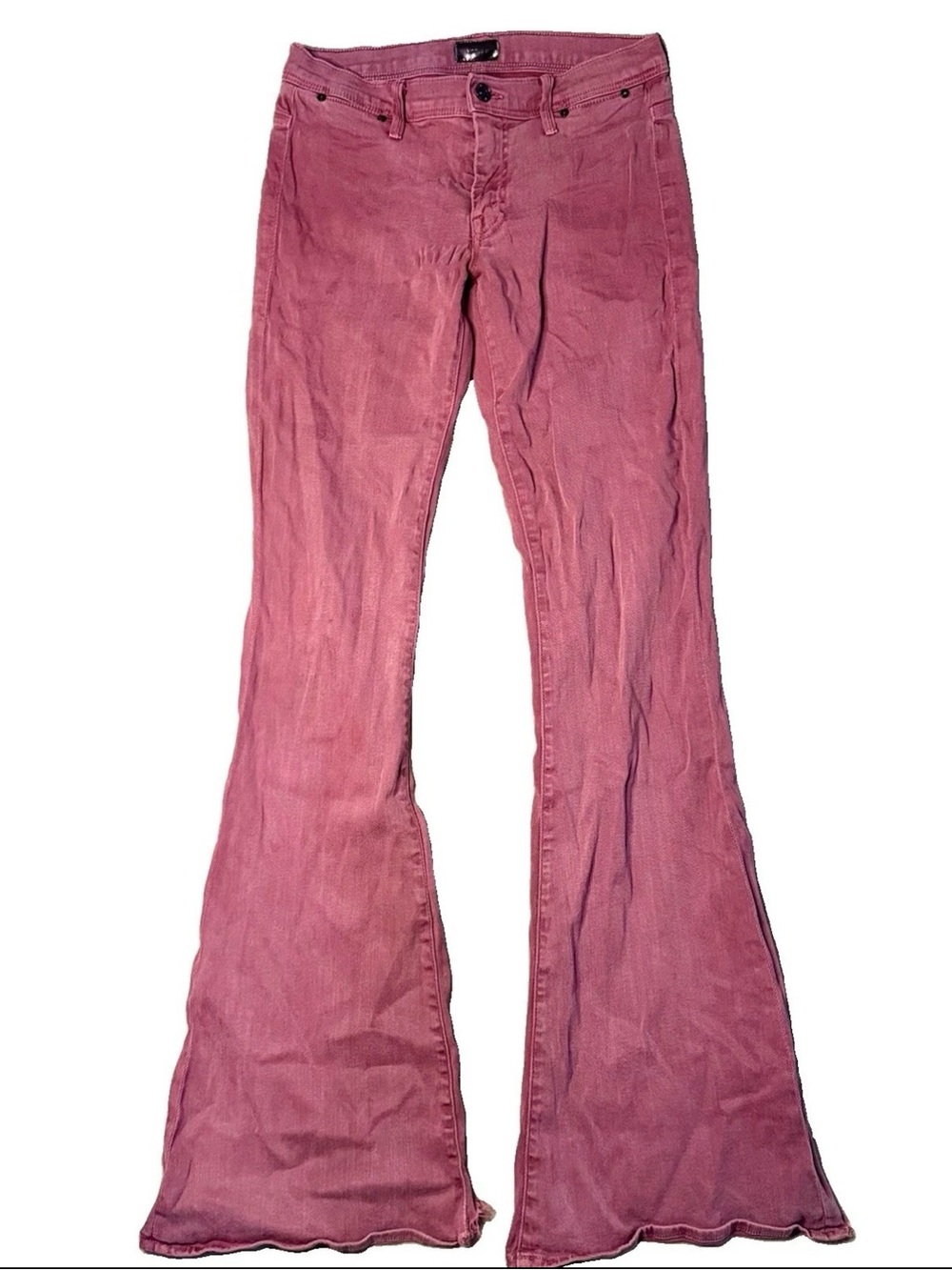MOTHER Women’s Size 26 Flare Jeans High Rise Raw Frayed Hem Stretch Raspberry
